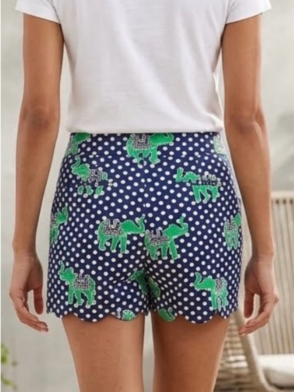 crown & ivy Navy Polka Dot High-Waist Shorts with Green Elephant Print